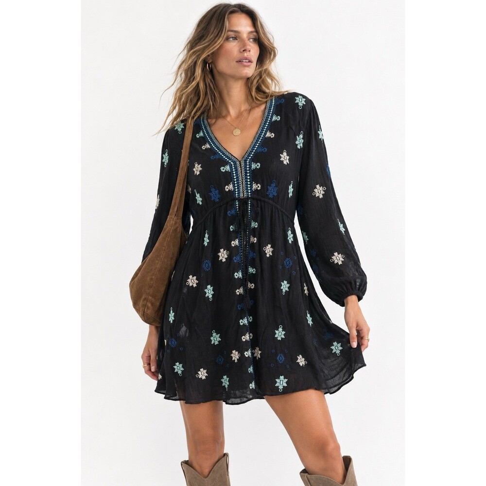 Free People Star Gazer Embroidered Mini Dress Black Boho Peasant Festival S